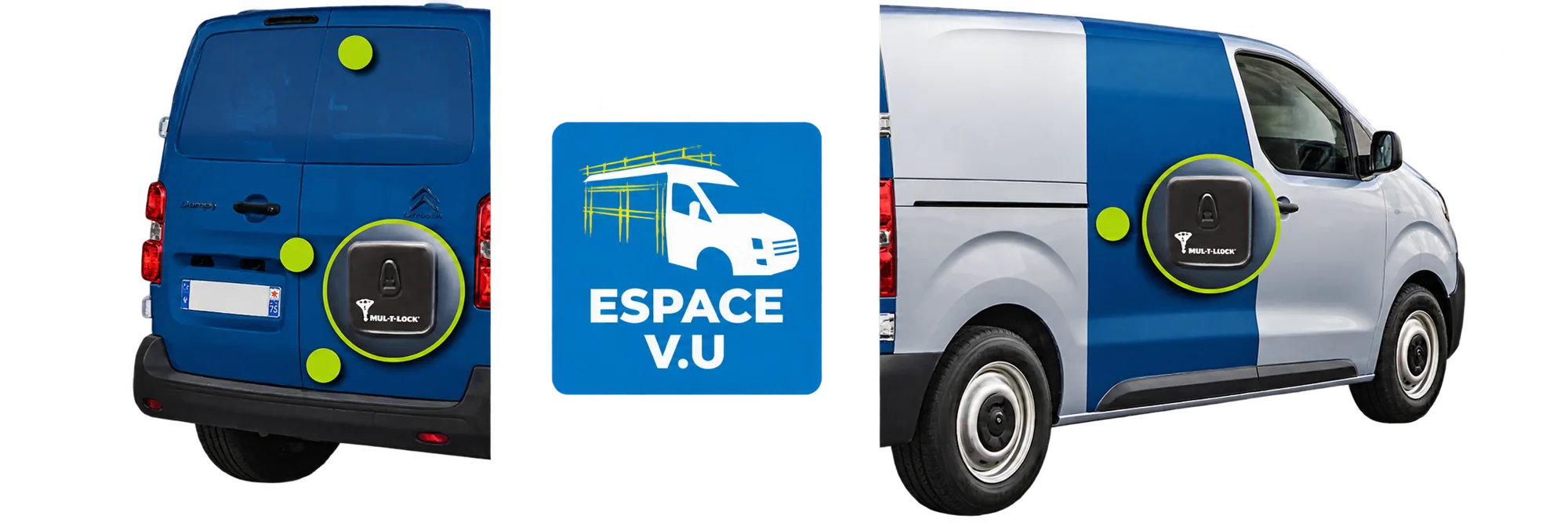 Serrure Mul-T-Lock posée sur la porte arrière et sur la porte latérale d’une fourgonnette, avec le logo ESPACE V.U au centre.