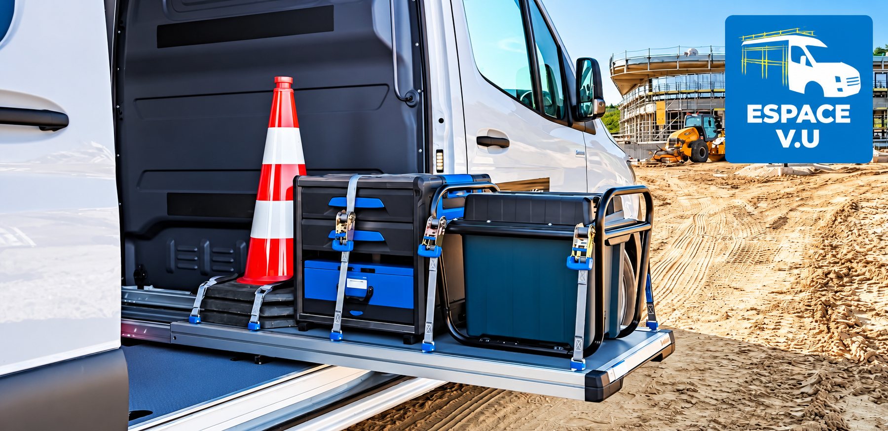 Un plancher coulissant sorti à l'arrière d'un van blanc supporte un cône de signalisation, des caisses à outils et un bac arrimés par des sangles, devant un chantier avec une pelleteuse.