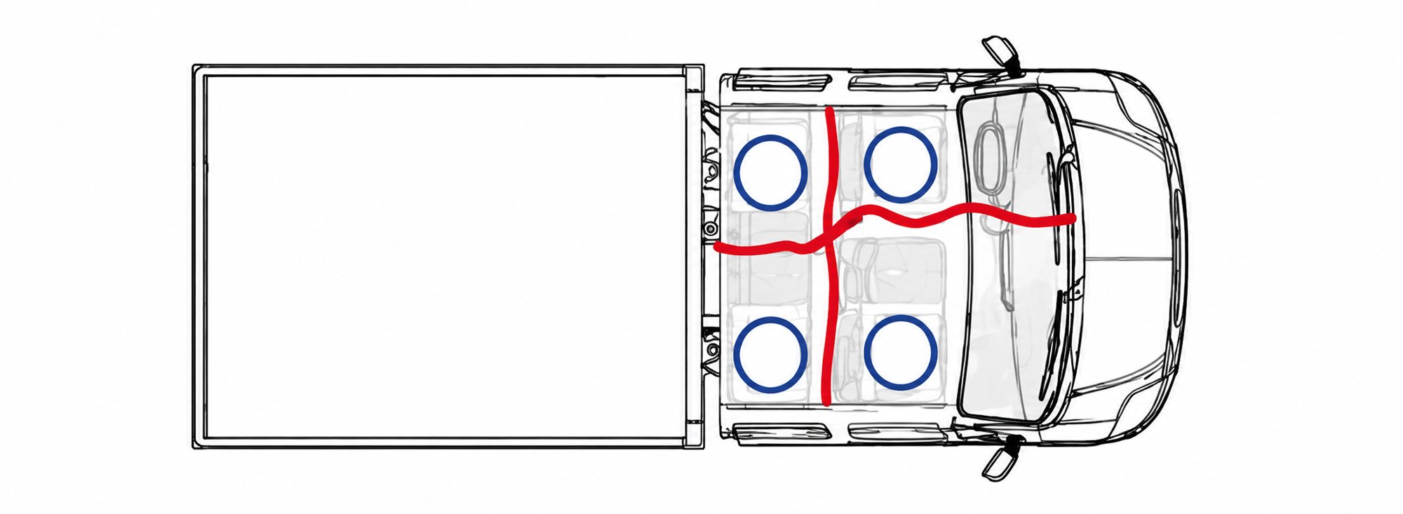 Schéma en vue de dessus d’un utilitaire à double cabine, avec les cloisons de séparation tracées en rouge entre les quatre places.