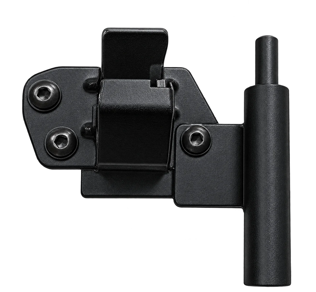 Pièce de fixation noire à trois vis, avec une tige cylindrique, pour la partie haute du système.
